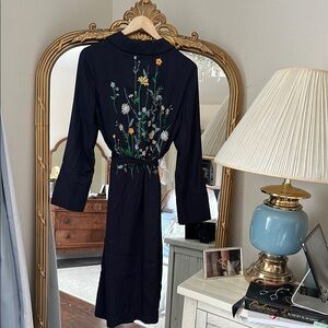 Floral Embroidered navy trenchcoat